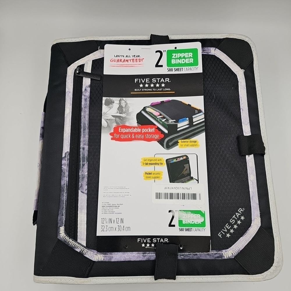 Five Star 2" Zipper Binder Black/Purple w/ Expandable Pocket 580 Sheet Capacity